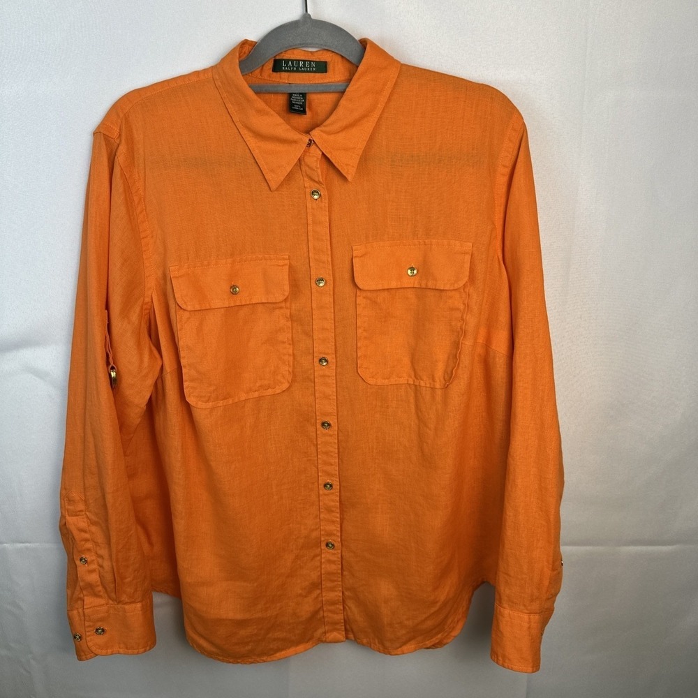 Lauren Ralph Lauren Women's 1X Orange 100% Linen Pockets Long Sleeve Shirt
